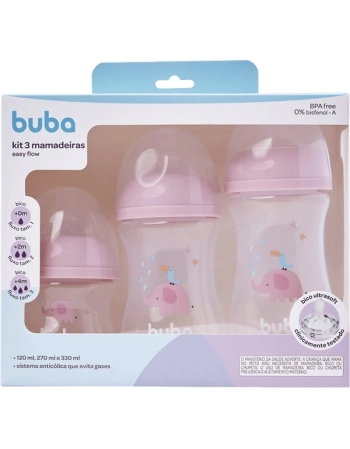 BUBA KIT 3 MAMADEIRAS EASY FLOW ELEFANTE ROSA 120/270/330ML