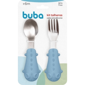 BUBA KIT TALHERES SILICONE E ACO INOX AZUL ( GARFO E COLHER ) (+ 6M)