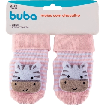 BUBA MEIA ANTIDERRAPANTE C/CHOCALHO ZEBRINHA ROSA 6-12MESES