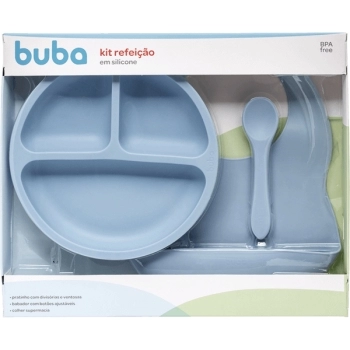 BUBA KIT REFEICAO SILICONE AZUL (BABADOR,COLHER,PRATO DIVISORIA E VENTOSA)