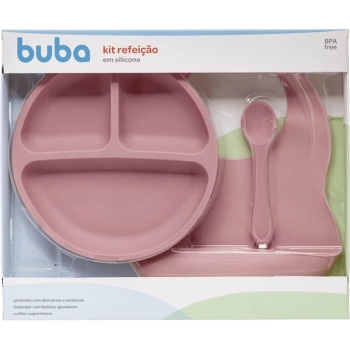 BUBA KIT REFEICAO SILICONE ROSA (BABADOR,COLHER,PRATO DIVISORIA E VENTOSA)