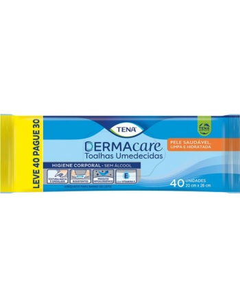 TOALHA UMED TENA DERMACARE ADULTO LEVE 40 PAGUE 30 UND